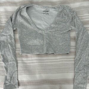 Garage Heather Gray V-Neck Ribbed Crop Top Long Sleeve